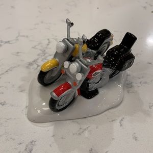 Department 56 Christmas Village Harley Davidson Fat Boy and Soft Tail figurine.